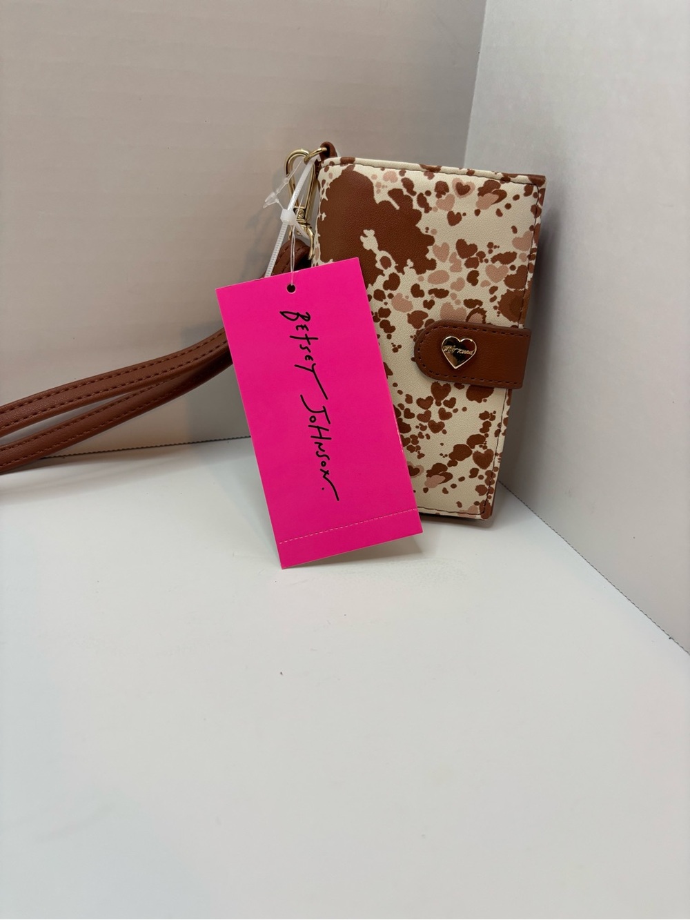 Betsey Johnson Brown Cow Print Wallet Wristlet with Heart Closure